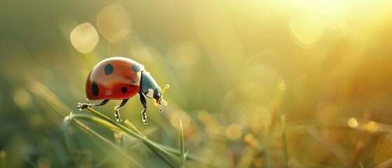 Vibrant Ladybug on a Blade of Grass at Sunset