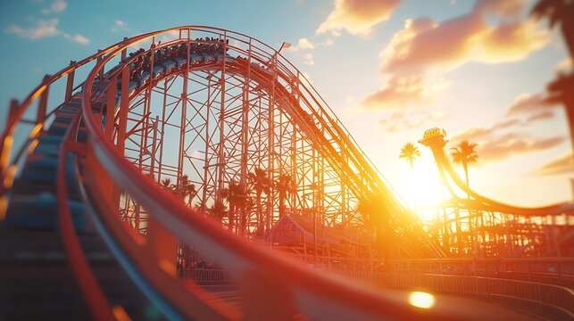 SUN FLARE Gorgeous sunset illuminates an empty roller coaster ride in a big amusement park in Los Angeles Golden summer morning sunbeams shine on an empty thrill ride on the famous San : Generative AI