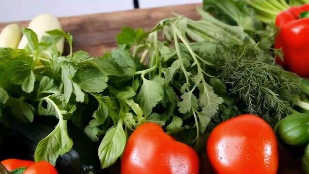 Fresh farm vegetables glistening with water droplets. fresh produce: ripe tomatoes, colorful bell peppers, crisp cucumbers, and aromatic herbs like basil, green onions, parsley, and dil. generative AI