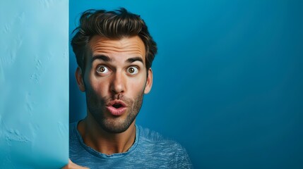 Obraz premium Surprised Young Man Blue Background Expressive Reaction Discovery Expression | AI Generated