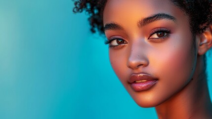 A stunning portrait of a model with flawless skin, vibrant colors, and soft lighting that highlights the natural beauty of the face, set against a seamless background