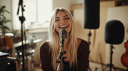 Obraz premium Joyful Blonde Pop Star Singing Into Microphone Surrounded by Musical Instruments in Recording Studio