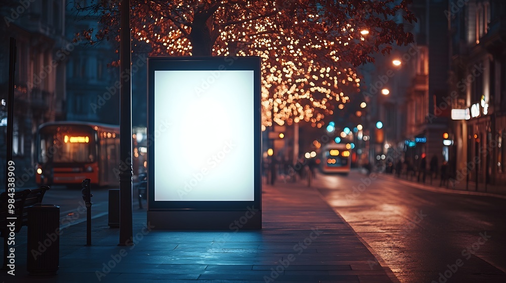 Aufkleber blank white mock up of vertical light box in a bus stop at night : generative ai