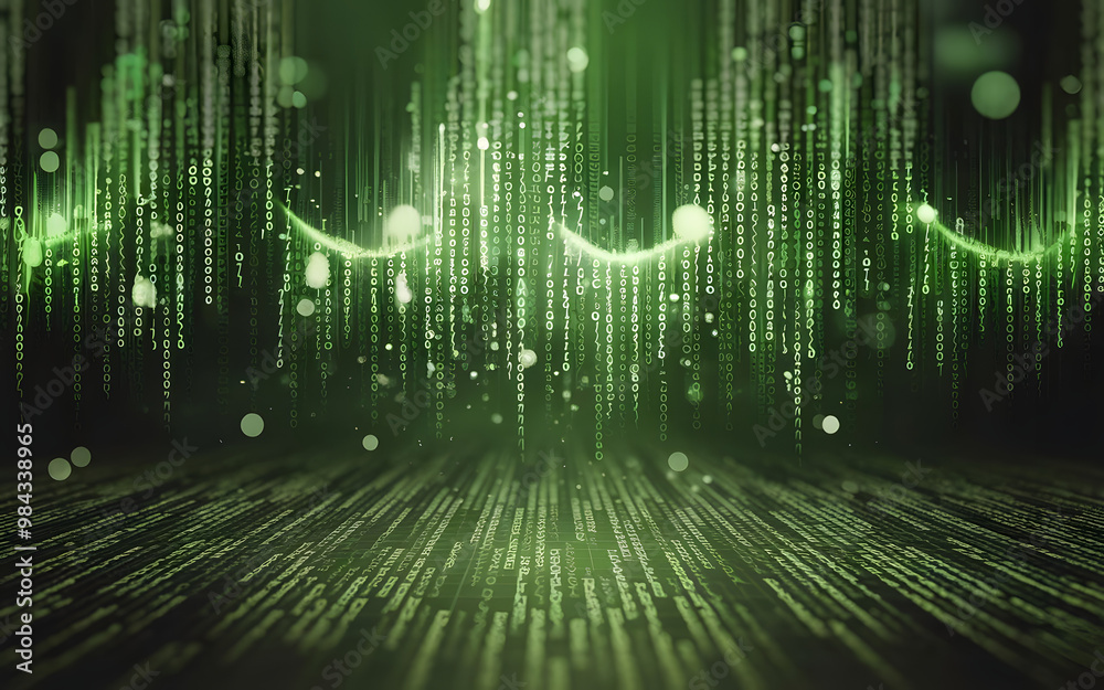 Poster green binary code forms an abstract digital backdrop, showcasing a futuristic pattern that represent