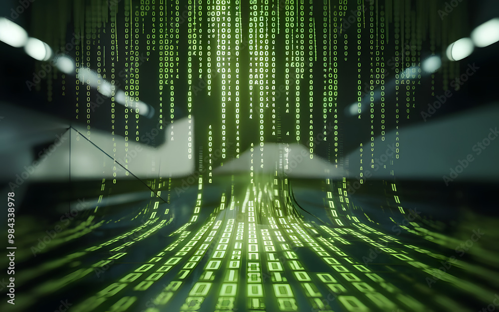 Poster abstract binary code background with spots, a futuristic digital illustration of data and technology