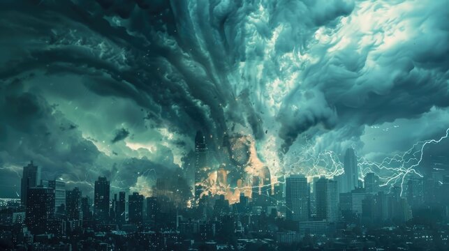 Massive swirling storm with lightning engulfing city skyscrapers