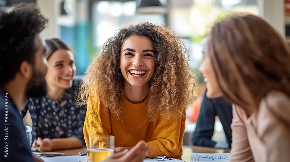 Aufkleber Cheerful diverse office people group talking and enjoying teamwork during staff meeting and using sales charts Happy multiracial coworkers have fun working together at office brainstor : Generative AI