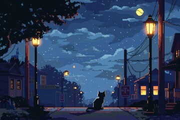 Charming pixel art of a heterochromatic cat under the night sky, surrounded by luminous street signs that add a magical touch to the whimsical scene
