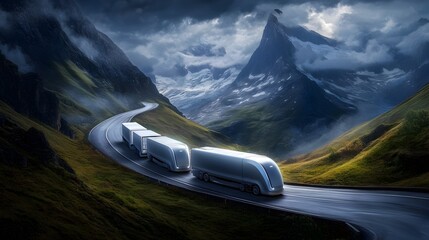 Naklejka premium Autonomous Electric Truck Fleet Navigating Dramatic Mountain Landscape