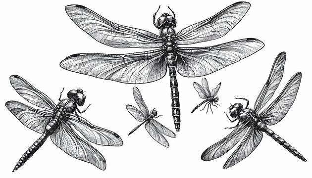 set of dragonfly,  illustration in old Engraving drawing style