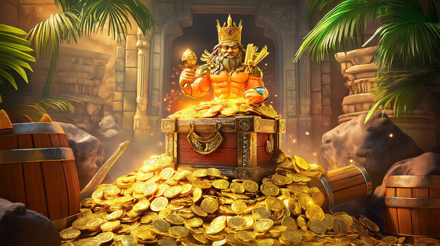 The zeus wrath slot game character with gold coins, game background, Illustration