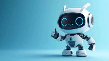 A cute cartoon robot in a 3D render, set against a blue gradient background with a futuristic design and friendly AI assistant appearance, featuring a white and light blue color scheme.