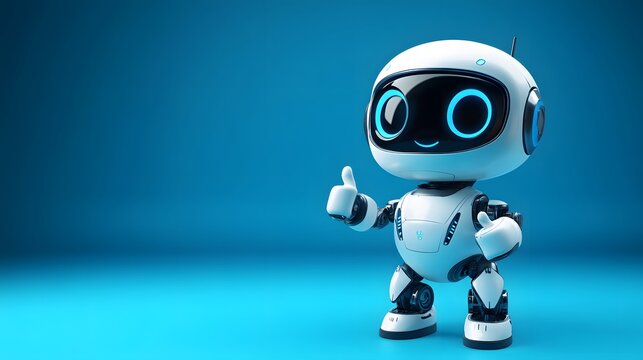 A cute cartoon robot in a 3D render, set against a blue gradient background with a futuristic design and friendly AI assistant appearance, featuring a white and light blue color scheme.