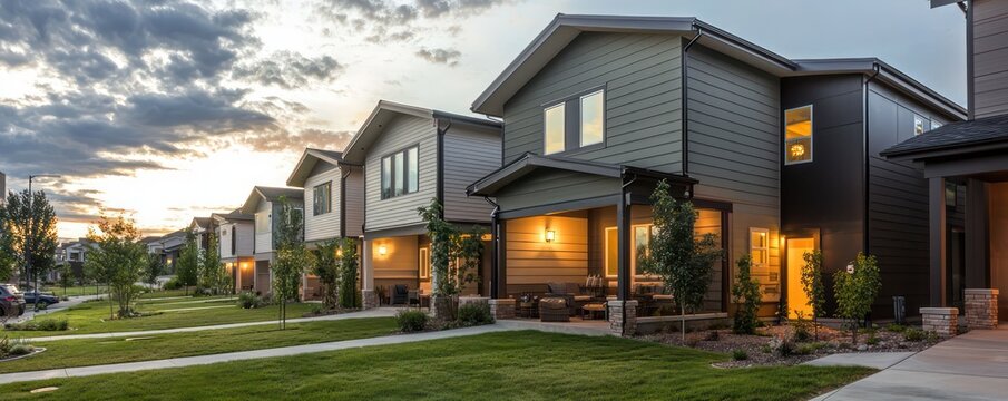 A sustainable housing development with eco-friendly James Hardie siding, designed to promote a low-carbon footprint while offering modern, stylish living spaces