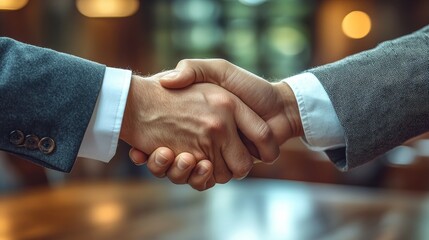 Two business professionals shaking hands across a table, agreement, successful negotiation outcome, photorealistic
