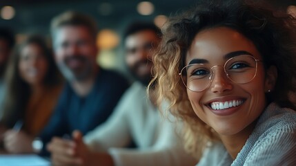 Obraz premium Smiling group of business people discussing strategy during team meeting at the office desk together : Generative AI