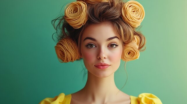 Young woman spinning spaghetti on hair curlers against green background Unusual presentation of food Restaurant menu Concept of food pop art photography creativity quirky style : Generative AI