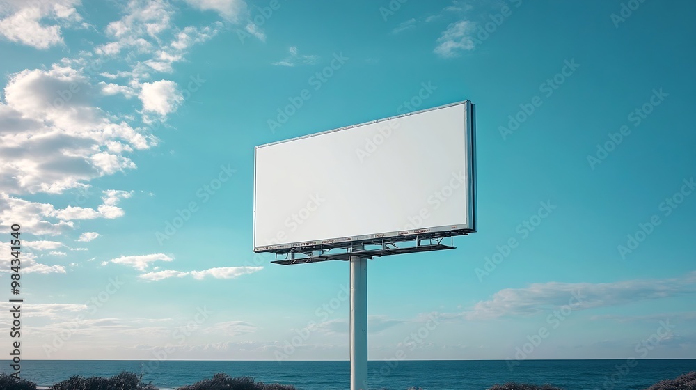 Poster Outdoor pole billboard on blue sky background with mock up white screen and clipping path : Generative AI