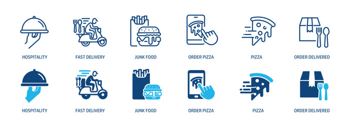 Food delivery line and glyph solid icons collection. Minimal icon and symbol series vector illustration
