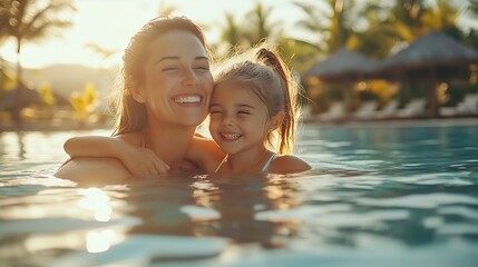 Mother and daughter laugh by luxury resort pool in tropics Family enjoy sunny vacation swimwear fashion quality time together Mom hugs girl tropical holiday relax leisure lifestyle hap : Generative AI