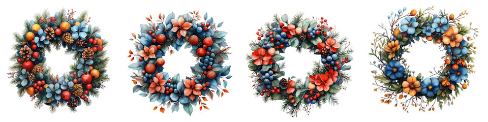 A set of different Christmas wreaths made of grape vines and winter flowers, 3d illustration, element, transparent background, PNG.