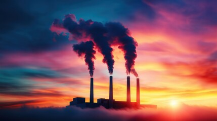 Dramatic Sunset Over Industrial Factory with Smoking Chimneys Highlighting Environmental Issues