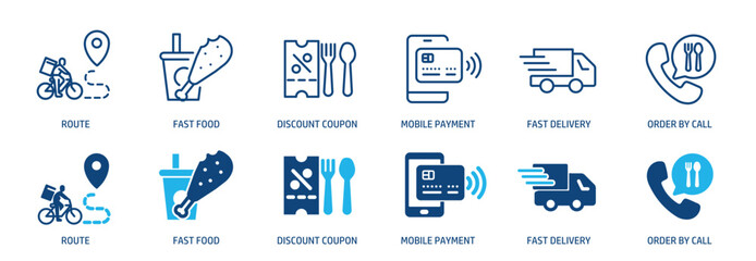 Food delivery line and glyph solid icons collection. Minimal icon and symbol series vector illustration