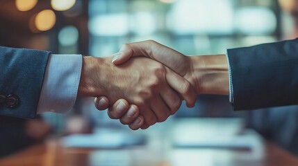 Business people negotiation and handshake for deal agreement or partnership in office Shaking hands closeup and hiring offer for recruitment b2b collaboration or data analyst at table  : Generative AI