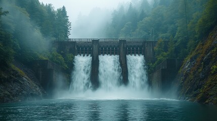 Fototapeta premium Serene Waterfall Near a Dam in Misty Forest