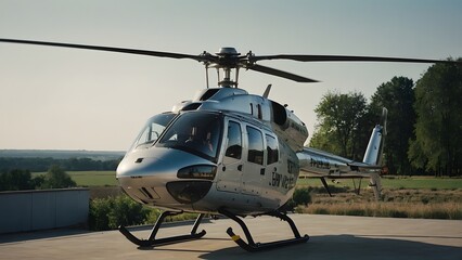 An advanced, high-tech helicopter with modern equipment, all set against a dramatic cityscape at sunset.