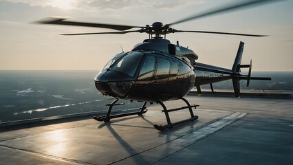 An advanced, high-tech helicopter with modern equipment, all set against a dramatic cityscape at sunset.