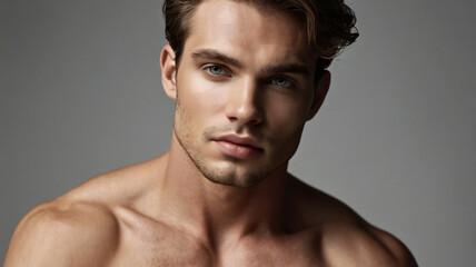 Handsome, serious male model flexing his muscular upper body.