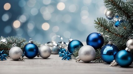 Fototapeta premium Christmas Background with Cute baubles and Elements silver and blue , white background, christmas tree leaf 