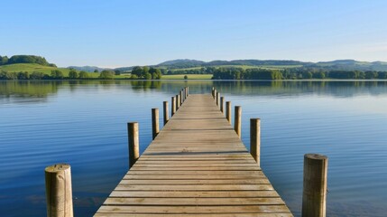 Fototapeta premium wooden pier extending into calm lake surrounded by forest mountains reflection landscape