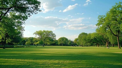 Obraz premium Lush Green Park with Trees and Sunlit Grass Field on Sunny Day