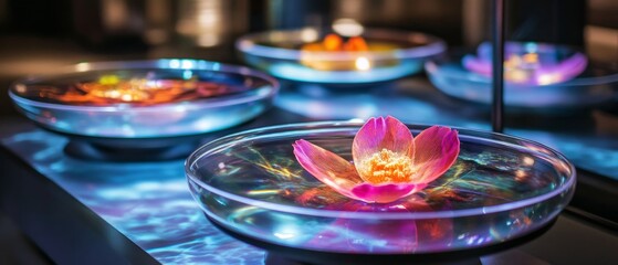 Advanced culinary presentation featuring holographic displays, modernist cuisine, and stylish, futuristic tableware that highlights food artistry in a sophisticated manner