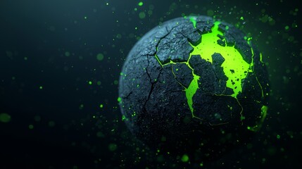 Fototapeta premium A fragmented globe with glowing cracks, representing the fragility of the world, with bright neon greens and blues emanating from within, symbolizing hope amidst chaos