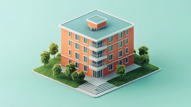 An isometric 3D building in clay render style with soft pastel colors, featuring an orange brick facade, white trim, blue roof, and symmetrical design with minimalist architecture.