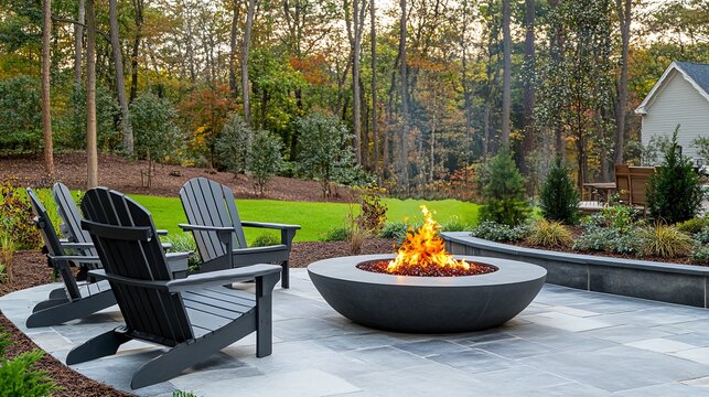 A fire pit with chairs in a backyard.