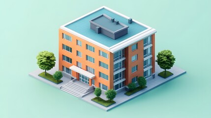 An isometric 3D building in clay render style with soft pastel colors, featuring an orange brick facade, white trim, blue roof, and symmetrical design with minimalist architecture.