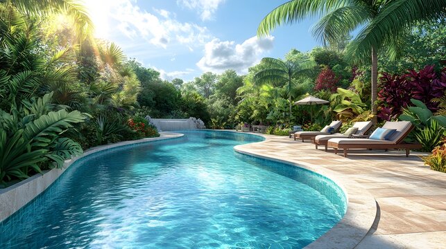A luxurious backyard swimming pool with crystal clear turquoise water and a curved shape, surrounded by a stone patio and lush landscaping under a bright summer day.