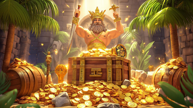 The zeus wrath slot game character with gold coins, game background, Illustration