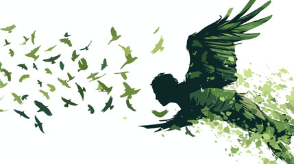 Empowering Mixed Media Illustration of a Flying Woman in Flat Vector Style