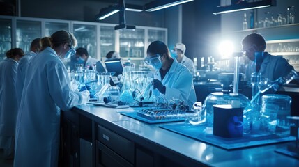 A bustling high-tech lab with scientists engaged in various experiments, illuminated by bright lights and filled with advanced equipment.