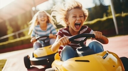 Two kids race go-karts on a track, their joyful faces lit up with excitement and laughter as they speed past, capturing a moment of pure, unrestrained fun.