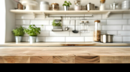 A Wooden Countertop in a Modern Kitchen with White Tile Backsplash and a Blurred Background
