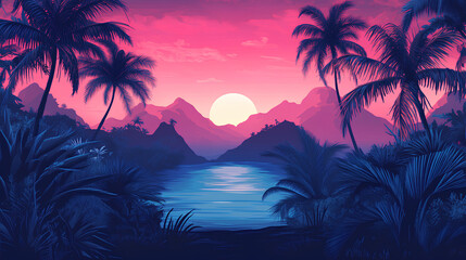 A serene sunset over a tropical landscape with mountains and palm trees.