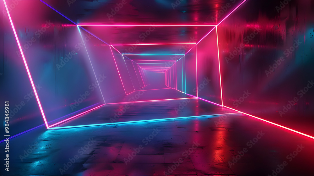 Wall mural 3D Render of a Futuristic Neon Corridor with Pink and Blue Lights, Creating a Glowing and Psychedelic Atmosphere, Abstract Background