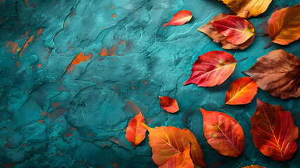 Vibrant Autumn Leaves Scattered on a Teal Textured Background, Creating a Beautiful and Rustic Composition for Fall Decoration