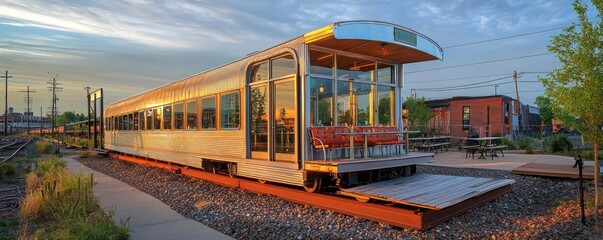 Obraz premium A vintage train car diner with James Hardie siding, repurposed to provide a nostalgic dining experience alongside modern, durable exteriors, set along a historic rail line in an urban setting